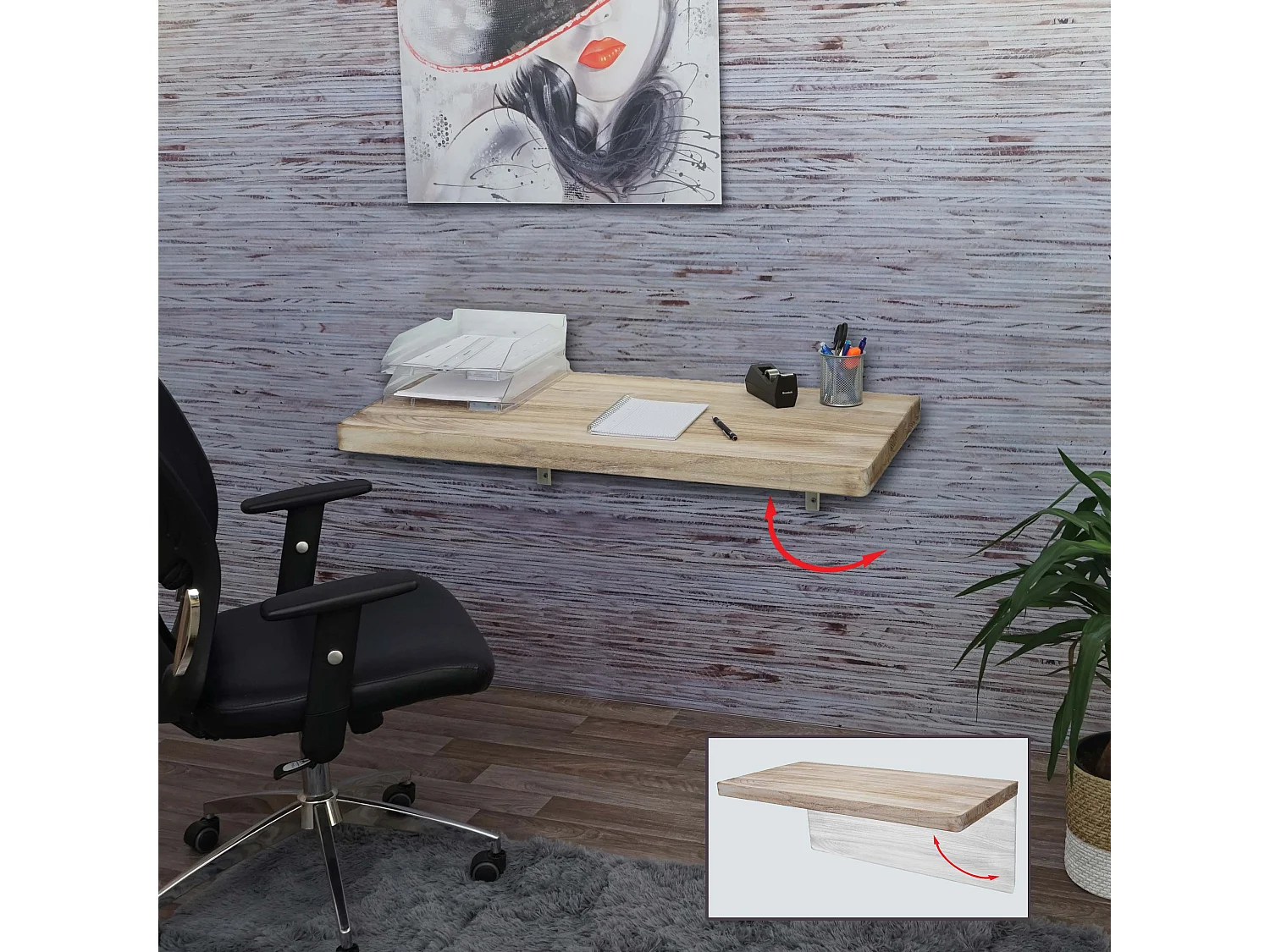 Table murale MCW-H48 Pliable,  100x50cm couleur naturelle