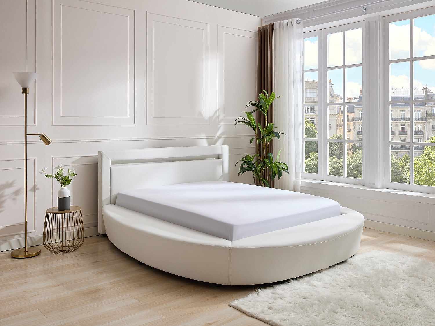Vente-unique Rundes Bett 160 X 200 cm – Mit LEDs – Kunstleder – Weiß – Abulis Iii