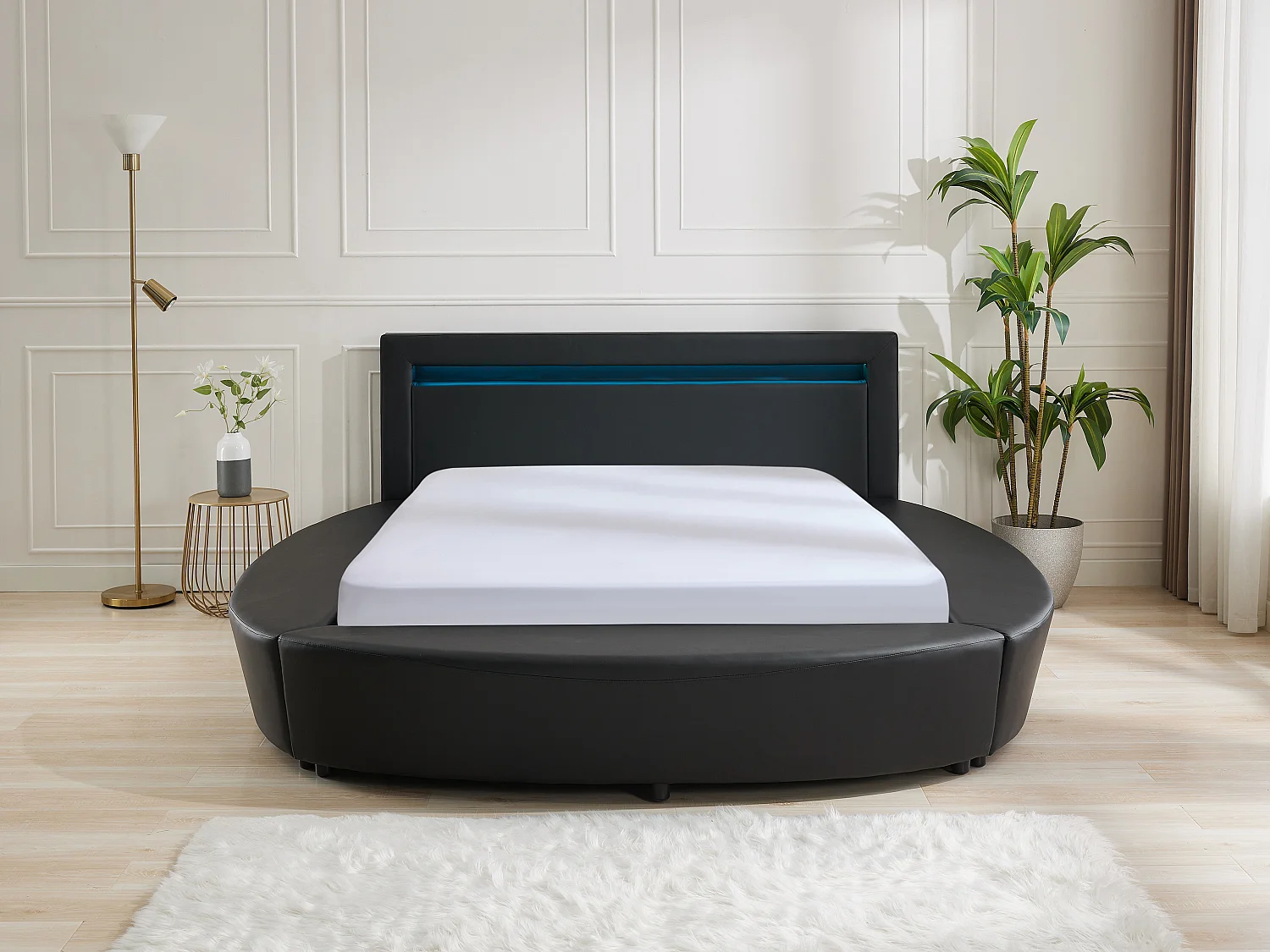 Lit rond 160 x 200 cm - Avec LEDs - Simili - Noir - ABULIS III