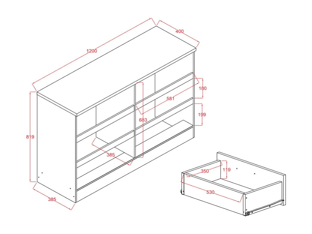 Cómoda com 6 gavetas - Preto e natural - SKAIDO