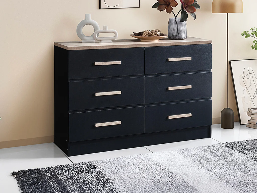 Kommode med 6 skuffer - Svart og naturlig - SKAIDO