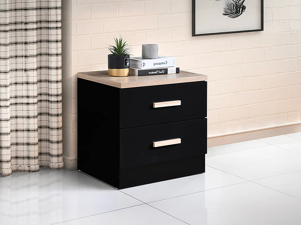 Table de chevet avec 2 tiroirs - Noir et naturel - SKAIDO