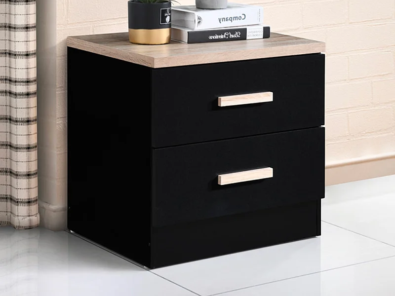 Table de chevet avec 2 tiroirs - Noir et naturel - SKAIDO