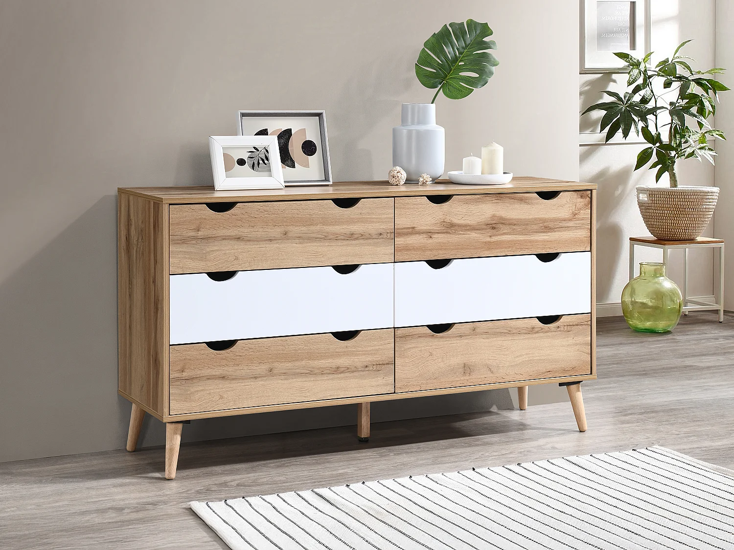 Commode 6 tiroirs - Coloris : Naturel et blanc - LURVIA
