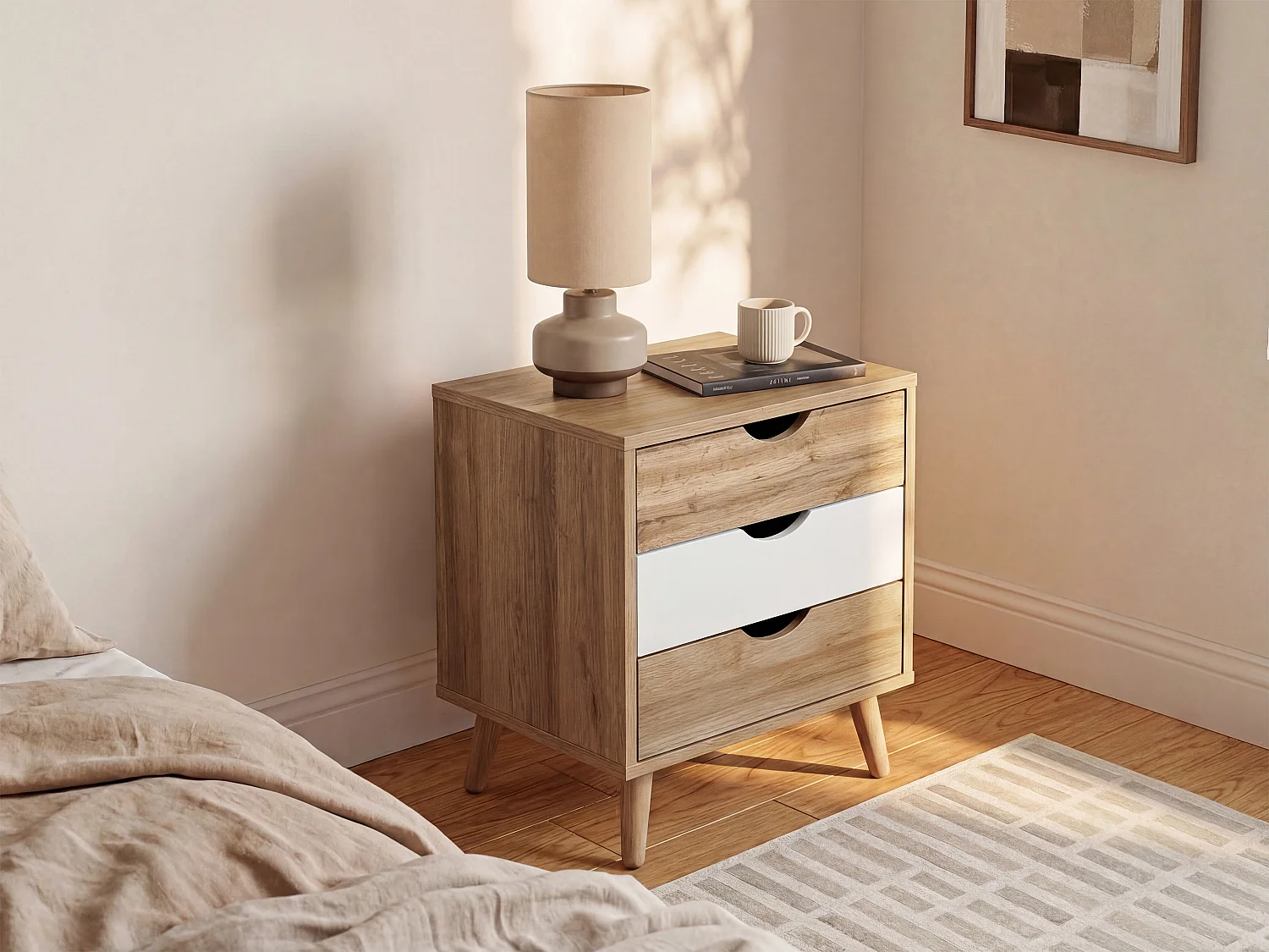 Table de chevet avec 3 tiroirs - Coloris : Naturel et blanc - LURVIA