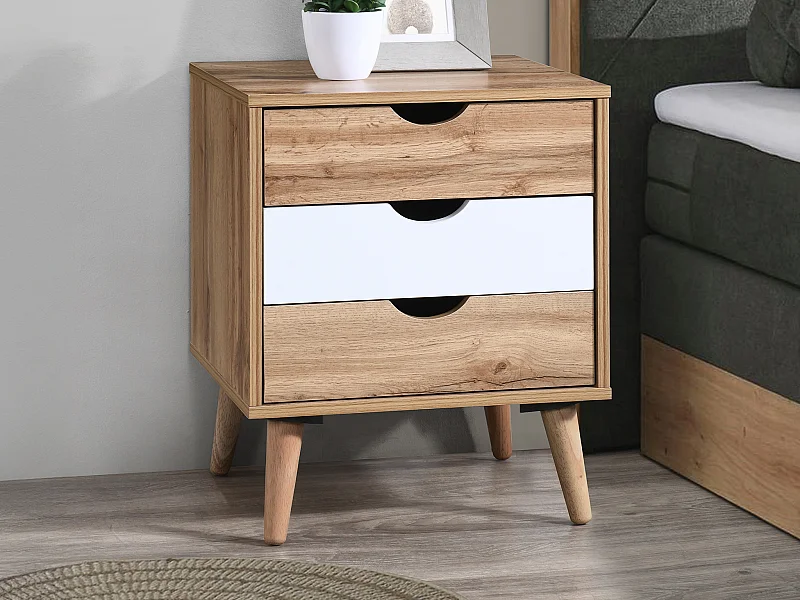Table de chevet avec 3 tiroirs - Coloris : Naturel et blanc - LURVIA