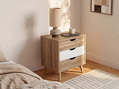 Table de chevet avec 3 tiroirs - Coloris : Naturel et blanc - LURVIA