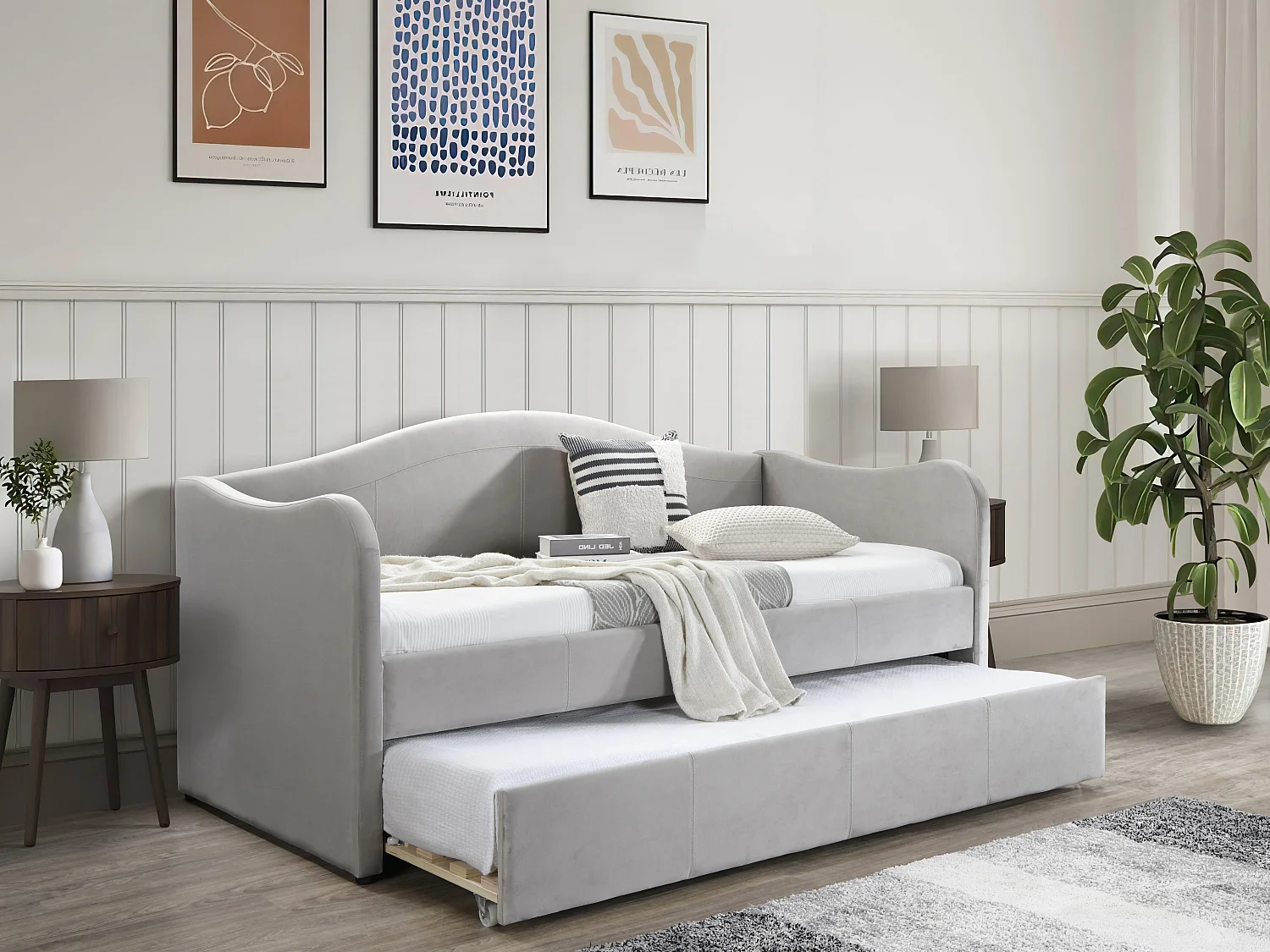 Lit banquette gigogne 2 x 90 x 190 cm - Velours - Gris clair - MATHILDE