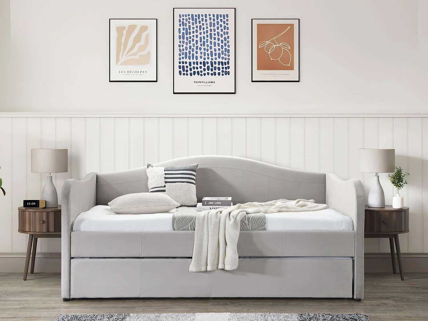 Łóżko dzienne wysuwane 2 x 90 x 190 cm - Welur - Jasnoszary - MATHILDE