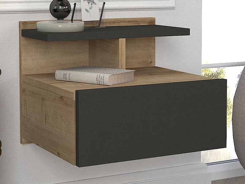 Table de chevet suspendue - 1 tiroir - Coloris : Naturel et anthracite - AZELNO