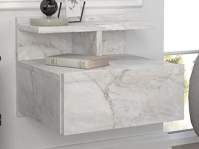 Table de chevet suspendue - 1 tiroir - Effet marbre blanc - AZELNO