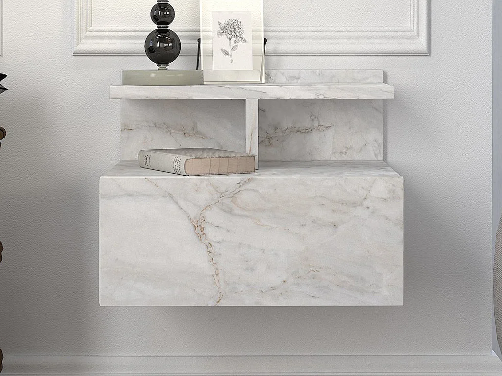 Table de chevet suspendue - 1 tiroir - Effet marbre blanc - AZELNO