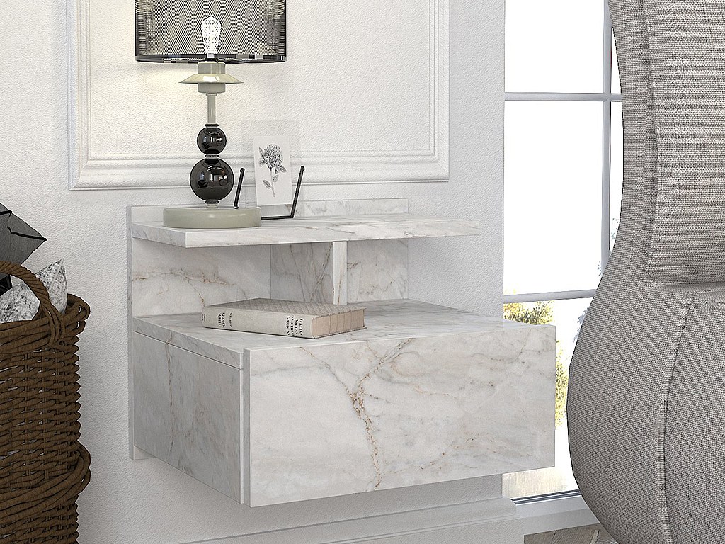 Nachttisch hängend - 1 Schublade - Marmor-Optik weiß - AZELNO günstig online kaufen