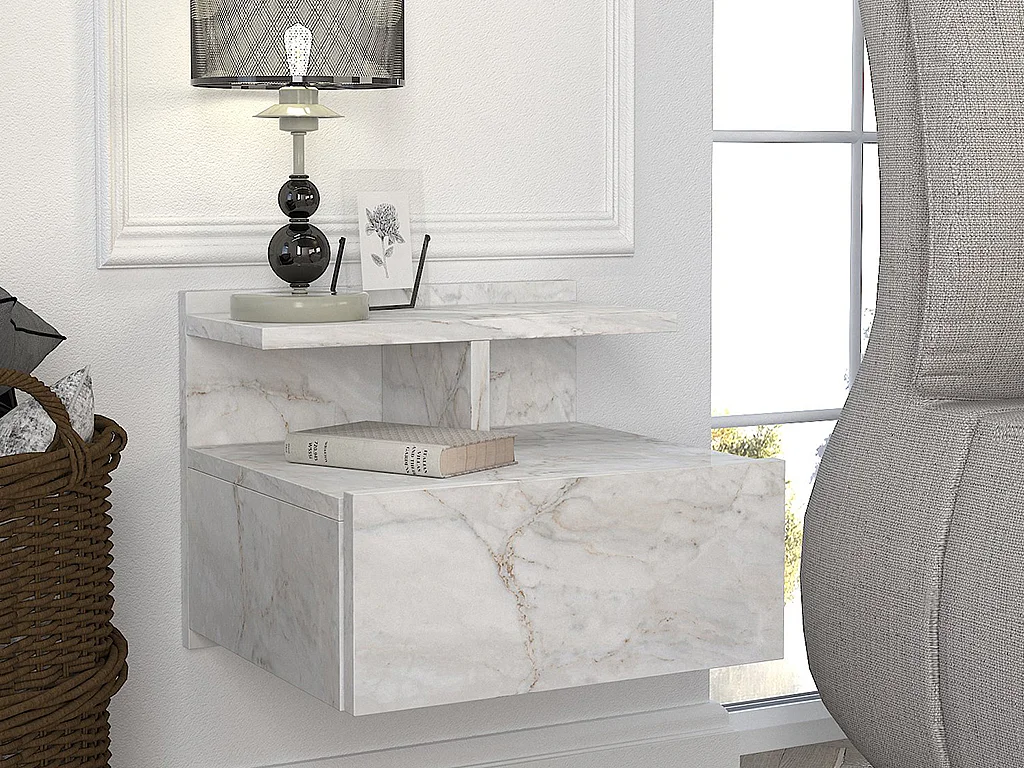 Table de chevet suspendue - 1 tiroir - Effet marbre blanc - AZELNO