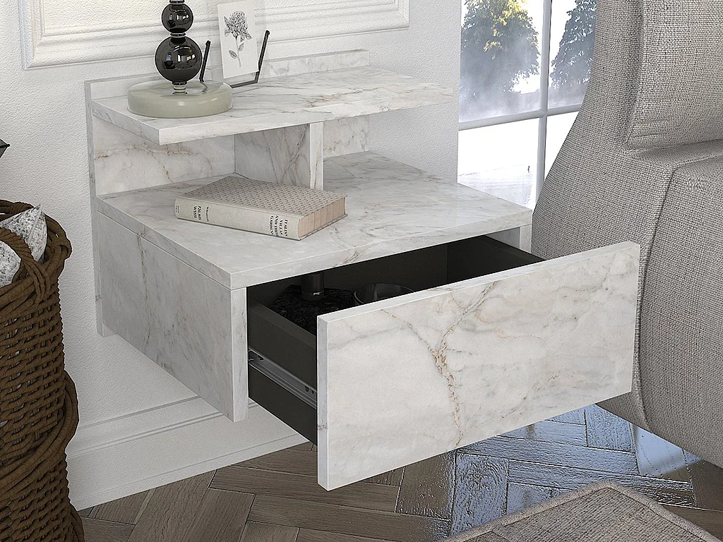 Table de chevet suspendue - 1 tiroir - Effet marbre blanc - AZELNO