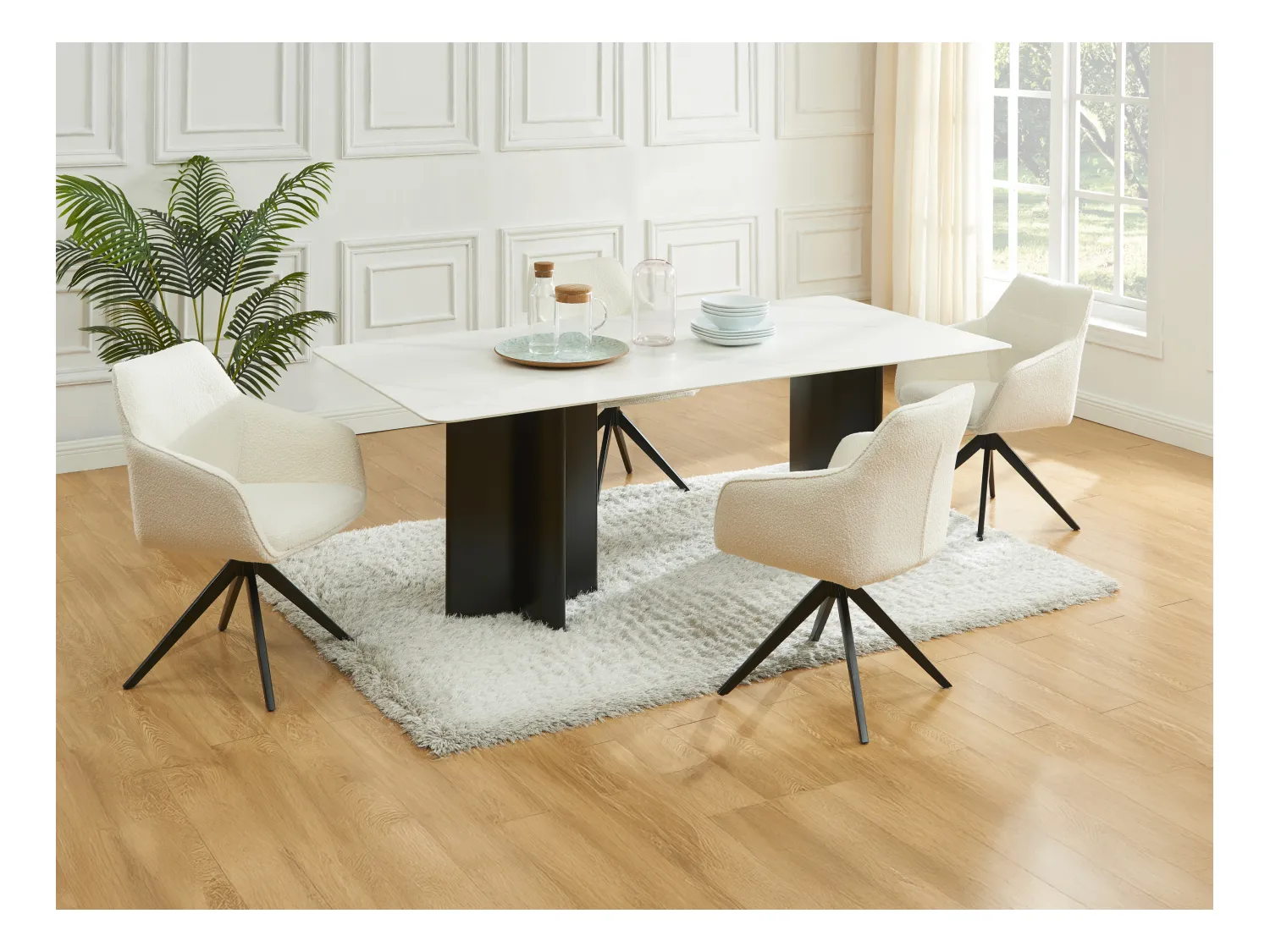Lot de 6 chaises pivotantes avec accoudoirs - Tissu bouclette et métal noir - Blanc - MUSE