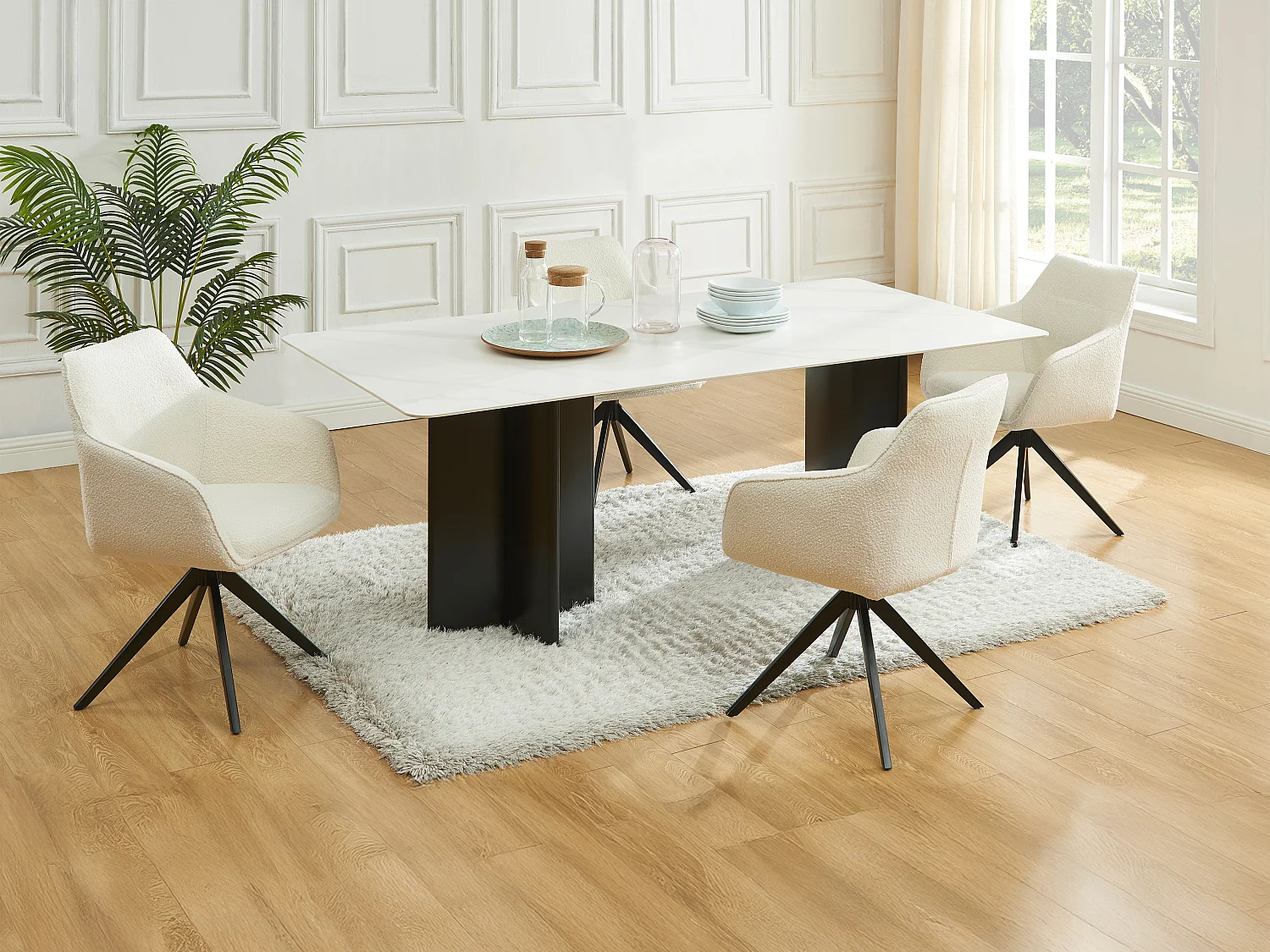 Lot de 6 chaises pivotantes avec accoudoirs - Tissu bouclette et métal noir - Blanc - MUSE