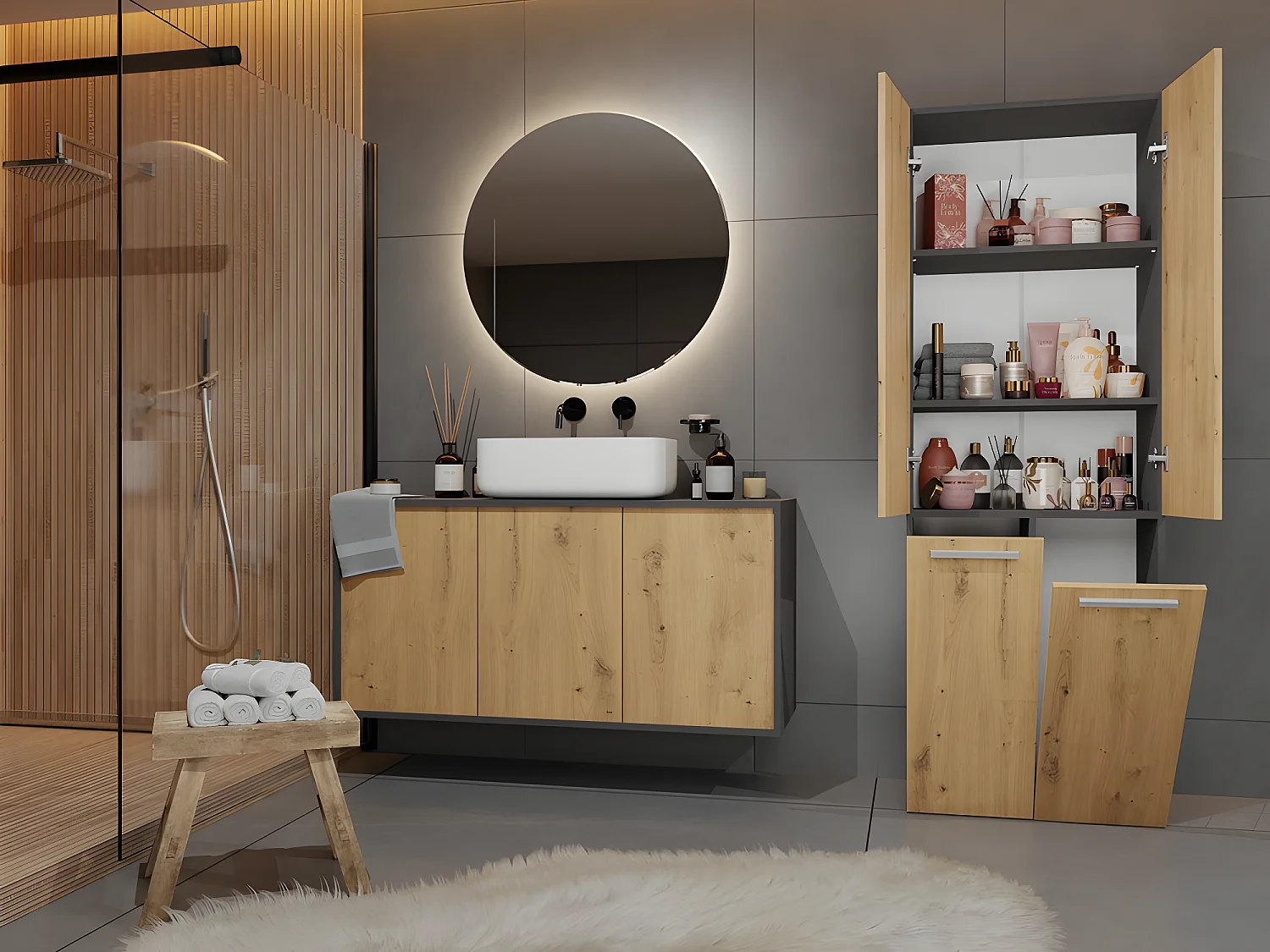 RORY - Mueble de cuarto de baño con cesta - Dimensiones 174x60x30 - Mueble de cuarto de baño con lavadero