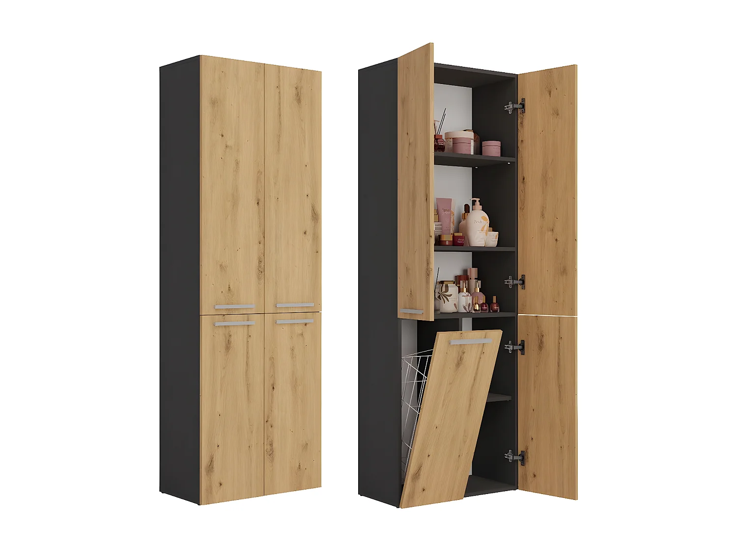 RORY - Armoire de salle de bain avec panier - Dimensions 174x60x30 - Meuble de rangement salle de bain espace buanderie