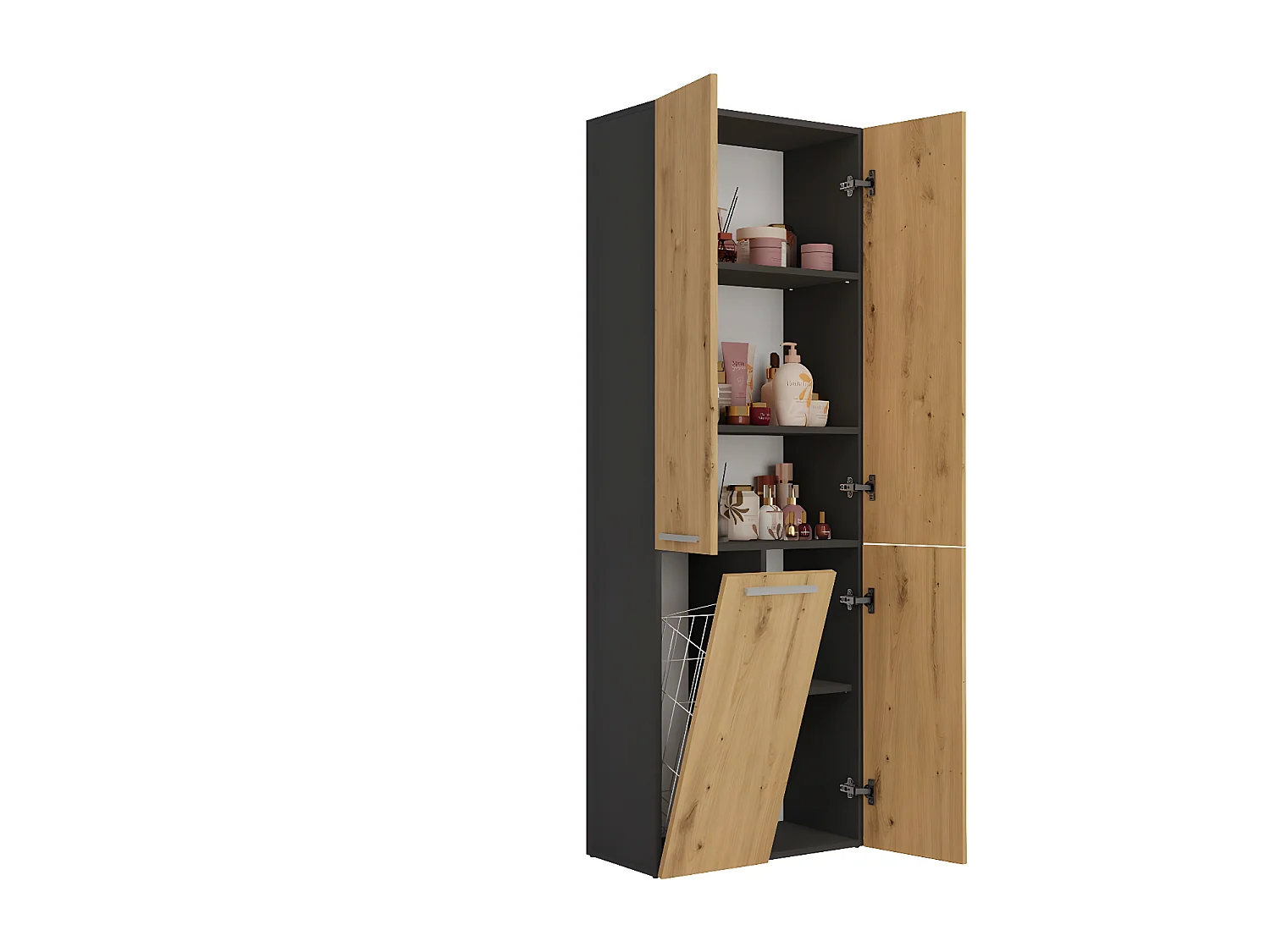 RORY - Armoire de salle de bain avec panier - Dimensions 174x60x30 - Meuble de rangement salle de bain espace buanderie