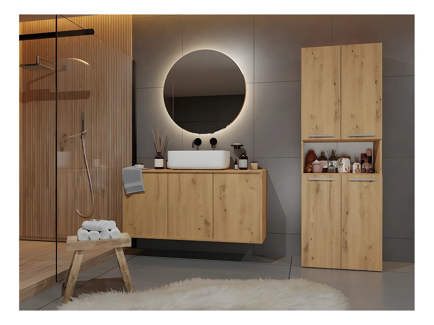 GLAZE - Mobile da bagno con cestino - Stile moderno - 174x60x30 cm - Colonna da bagno