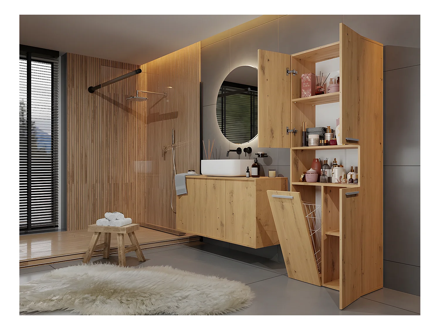 GLAZE - Mobile da bagno con cestino - Stile moderno - 174x60x30 cm - Colonna da bagno