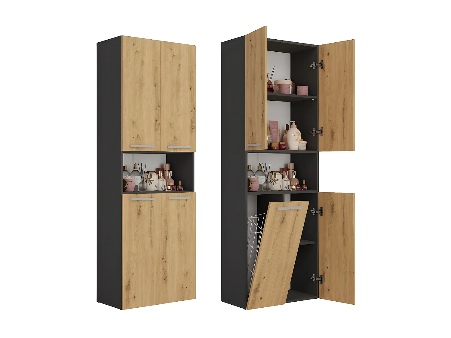 GLAZE - Mueble de cuarto de baño con cesta - Estilo moderno - 174x60x30 cm - Columna de cuarto de baño