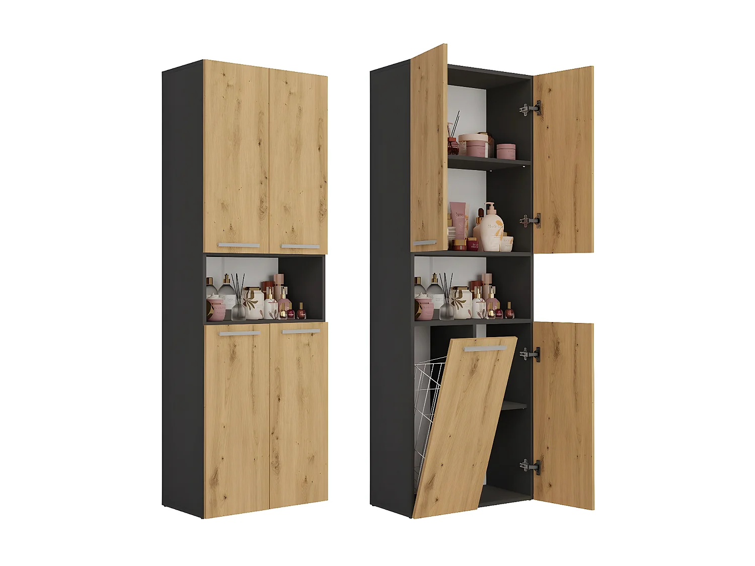 GLAZE - Mueble de cuarto de baño con cesta - Estilo moderno - 174x60x30 cm - Columna de cuarto de baño