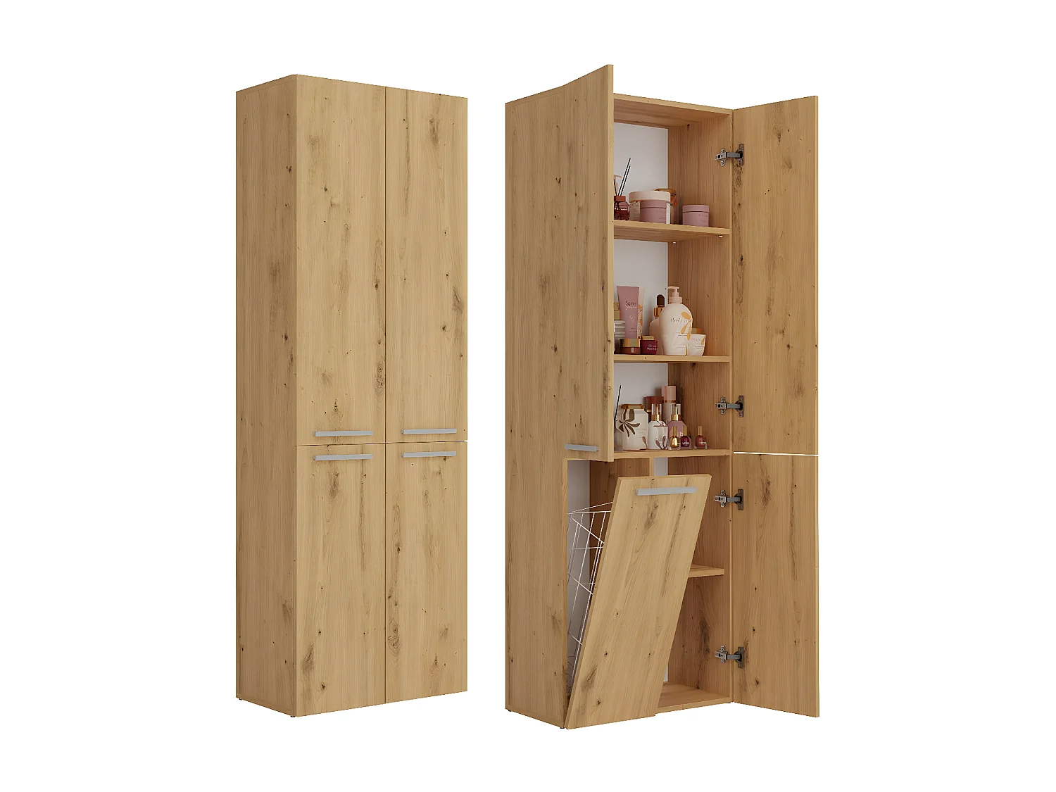 RORY - Armoire de salle de bain avec panier - Dimensions 174x60x30 - Meuble de rangement salle de bain espace buanderie