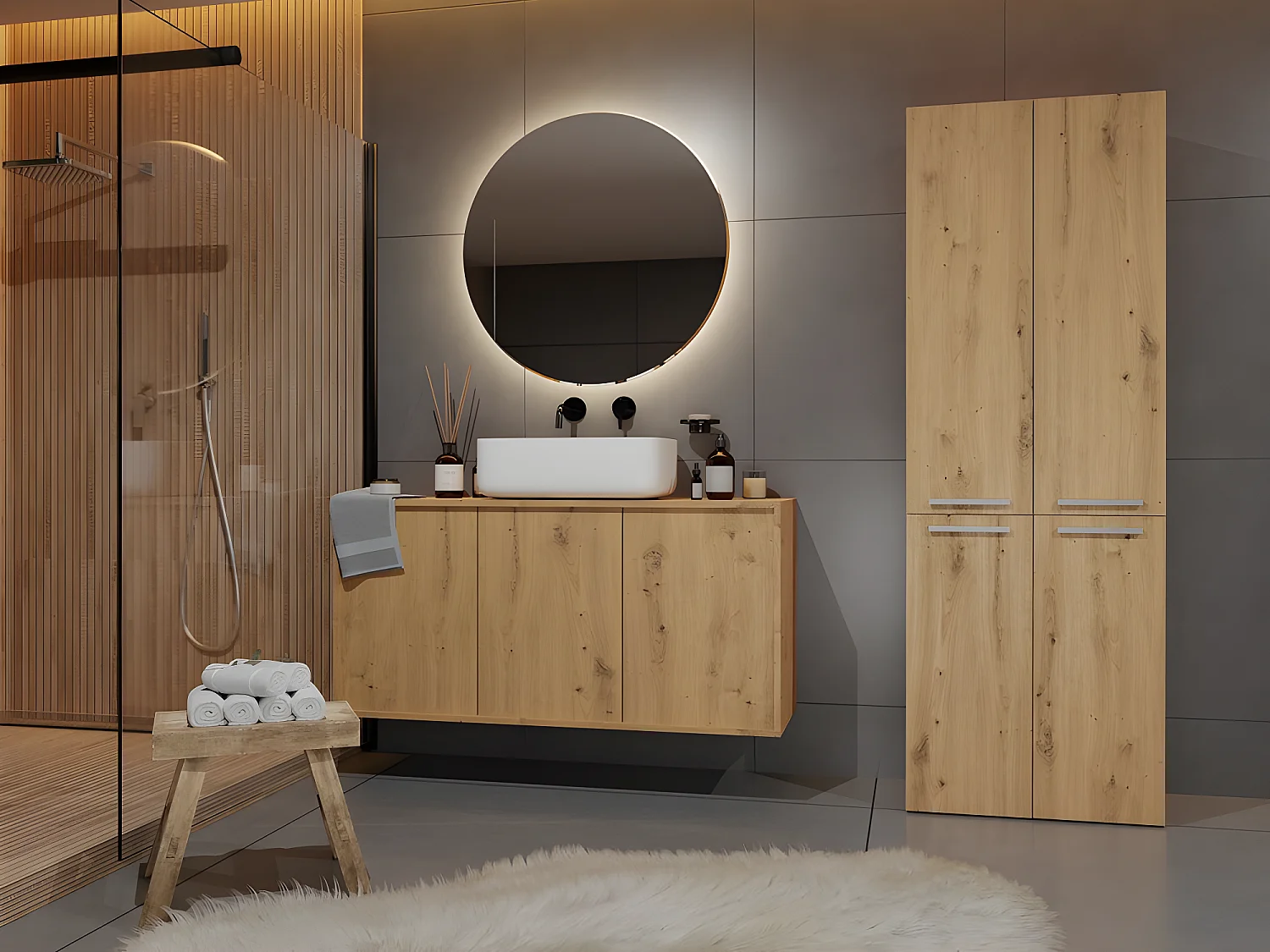 RORY - Armoire de salle de bain avec panier - Dimensions 174x60x30 - Meuble de rangement salle de bain espace buanderie