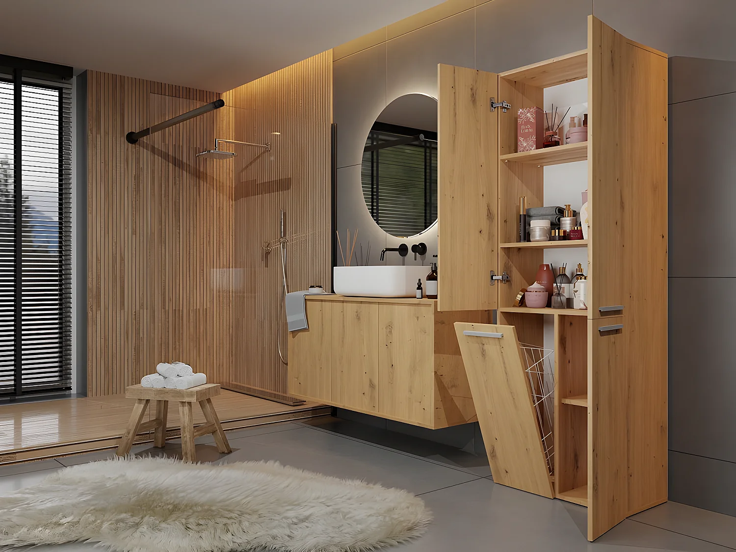 RORY - Armoire de salle de bain avec panier - Dimensions 174x60x30 - Meuble de rangement salle de bain espace buanderie