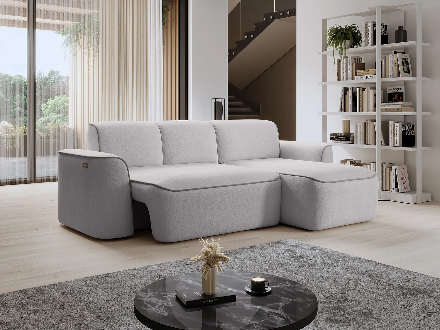 Canapé d'angle relax électrique en tissu DUMAS - Innovation bien-être-Gris clair/Gris-angle droit