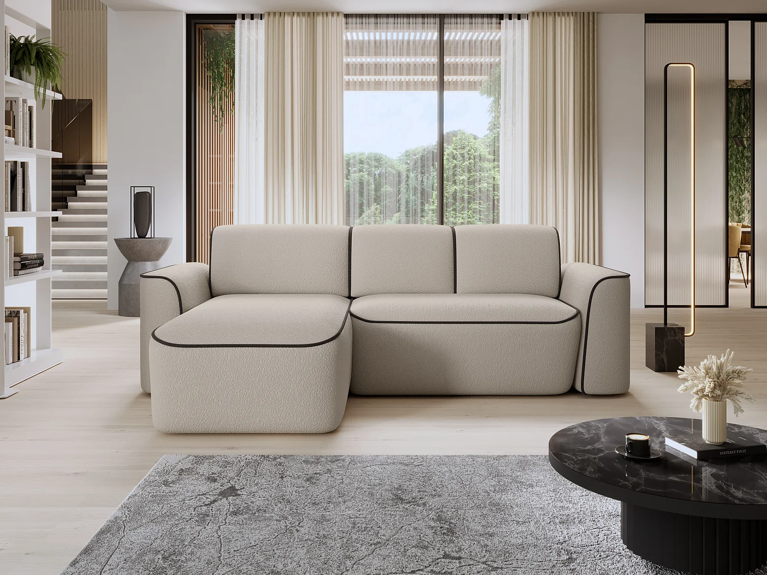 Sofá esquinero eléctrico de tela DUMAS - Innovación en bienestar-Beige/Marrón-Ángulo izquierdo