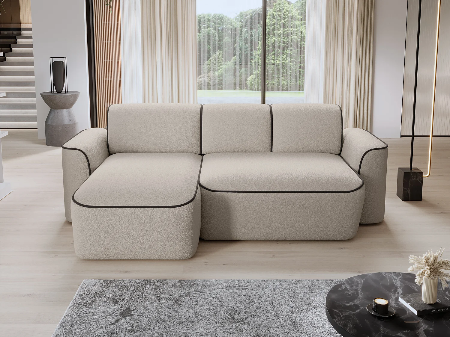 Sofá esquinero eléctrico de tela DUMAS - Innovación en bienestar-Beige/Marrón-Ángulo izquierdo
