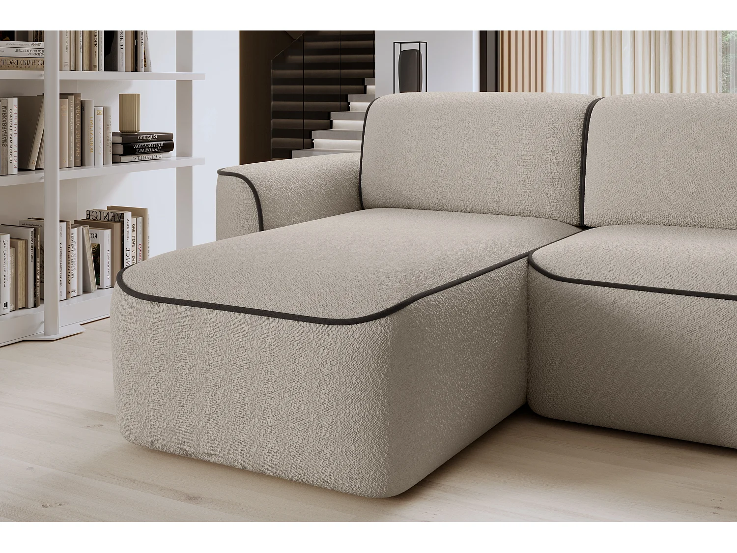 Sofá esquinero eléctrico de tela DUMAS - Innovación en bienestar-Beige/Marrón-Ángulo izquierdo