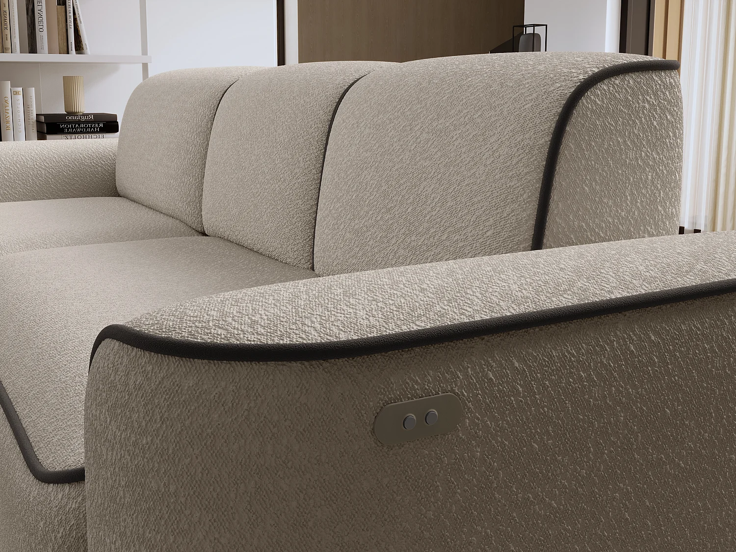 Sofá esquinero eléctrico de tela DUMAS - Innovación en bienestar-Beige/Marrón-Ángulo izquierdo
