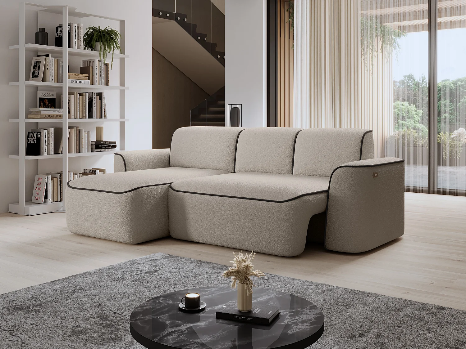 Sofá esquinero eléctrico de tela DUMAS - Innovación en bienestar-Beige/Marrón-Ángulo izquierdo