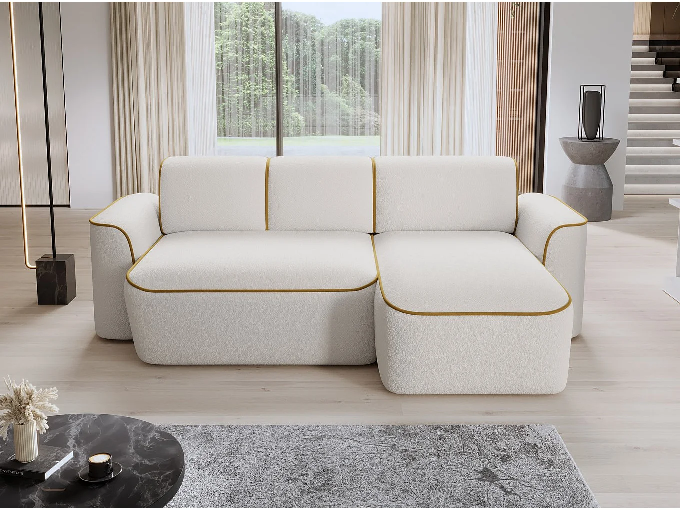 Divano d'angolo Alexa  R/Tessuto-Bianco&Oro