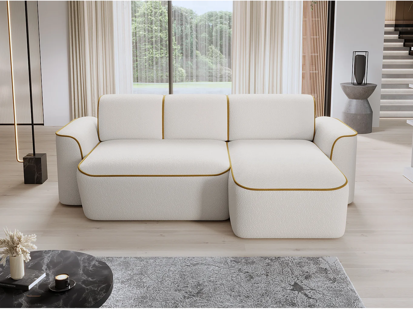 Divano d'angolo Alexa  R/Tessuto-Bianco&Oro