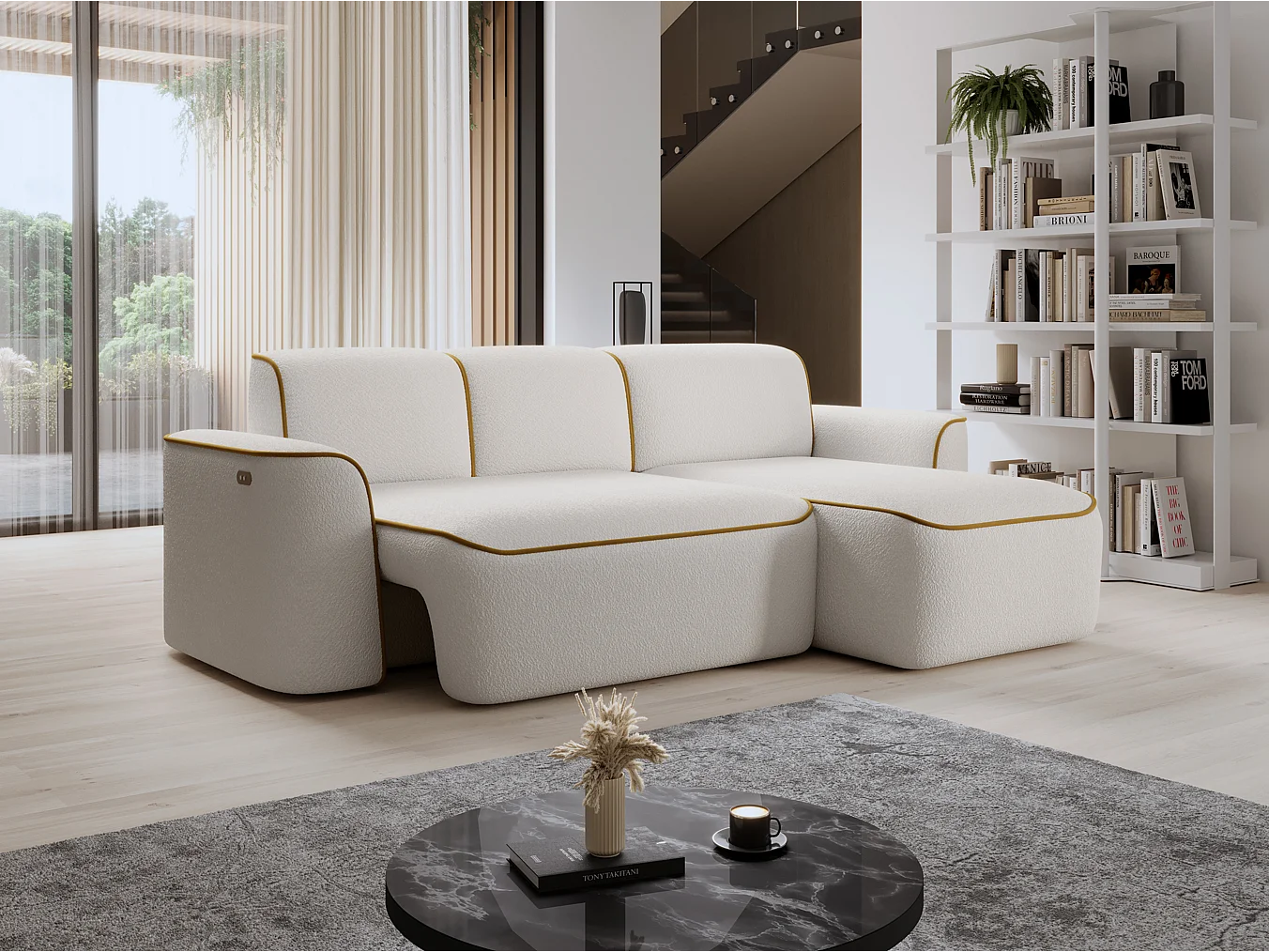 Divano d'angolo Alexa  R/Tessuto-Bianco&Oro