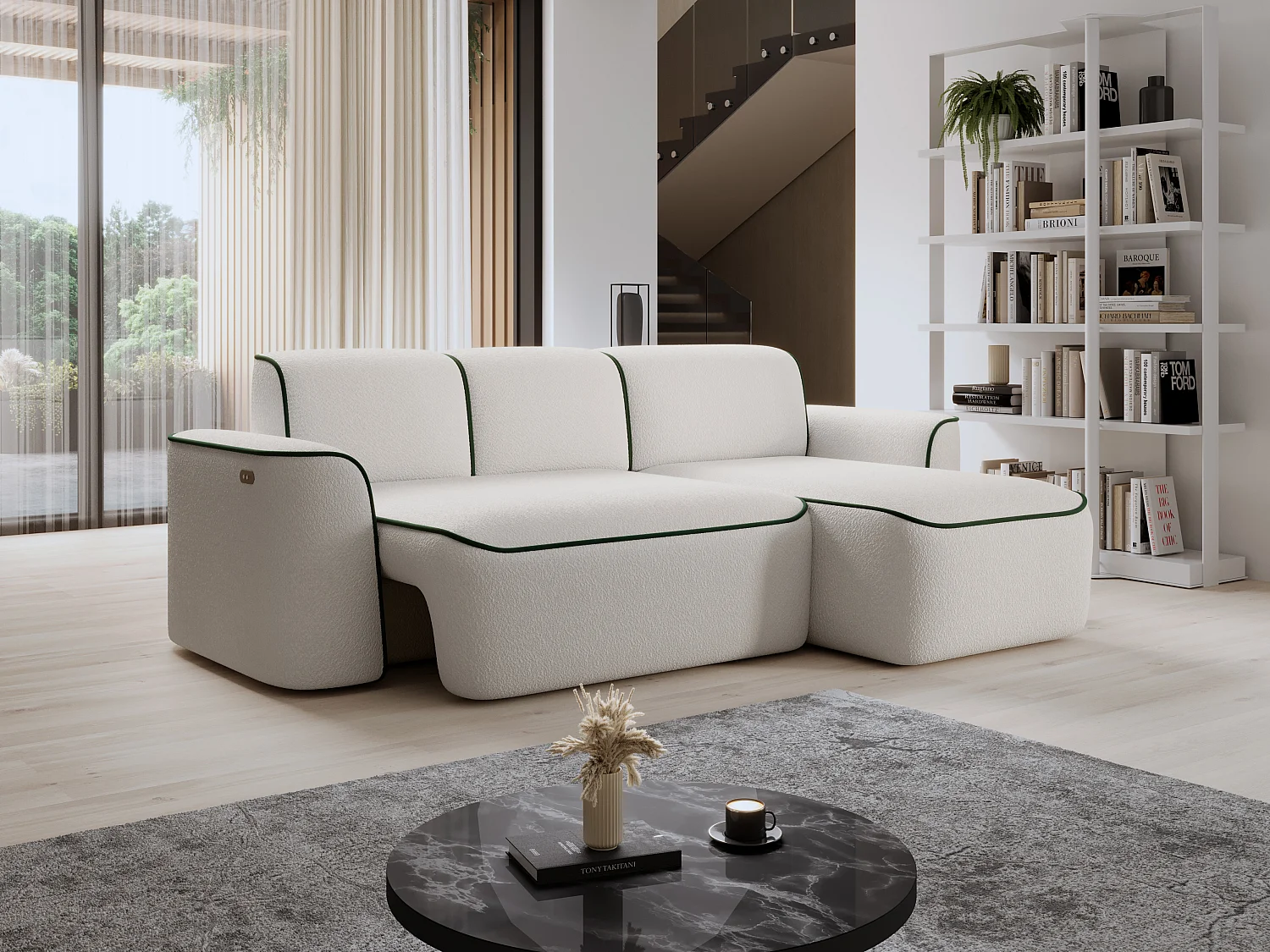 Divano d'angolo Alexa  R/Tessuto-Bianco&Verde