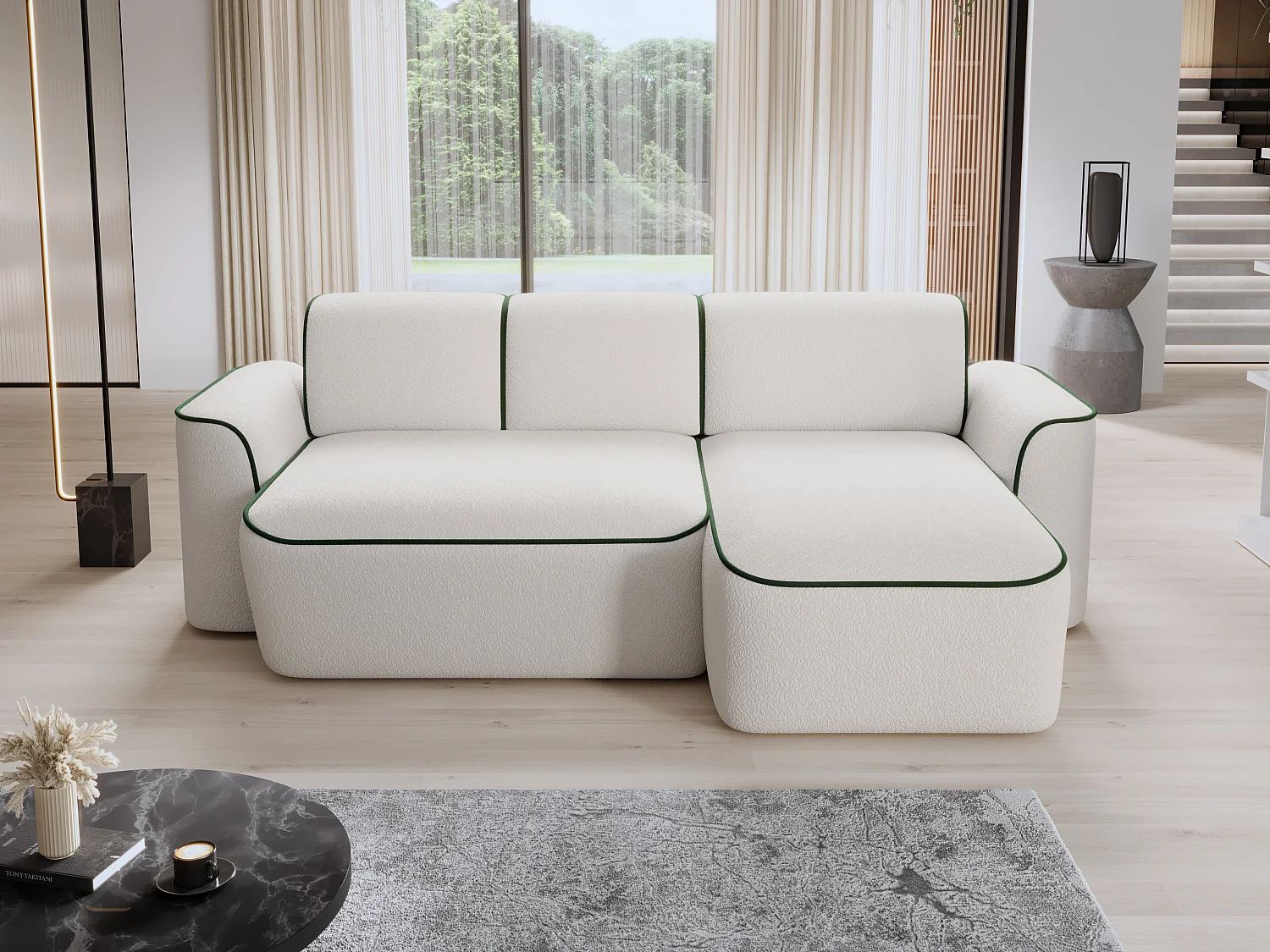 Divano d'angolo Alexa  R/Tessuto-Bianco&Verde