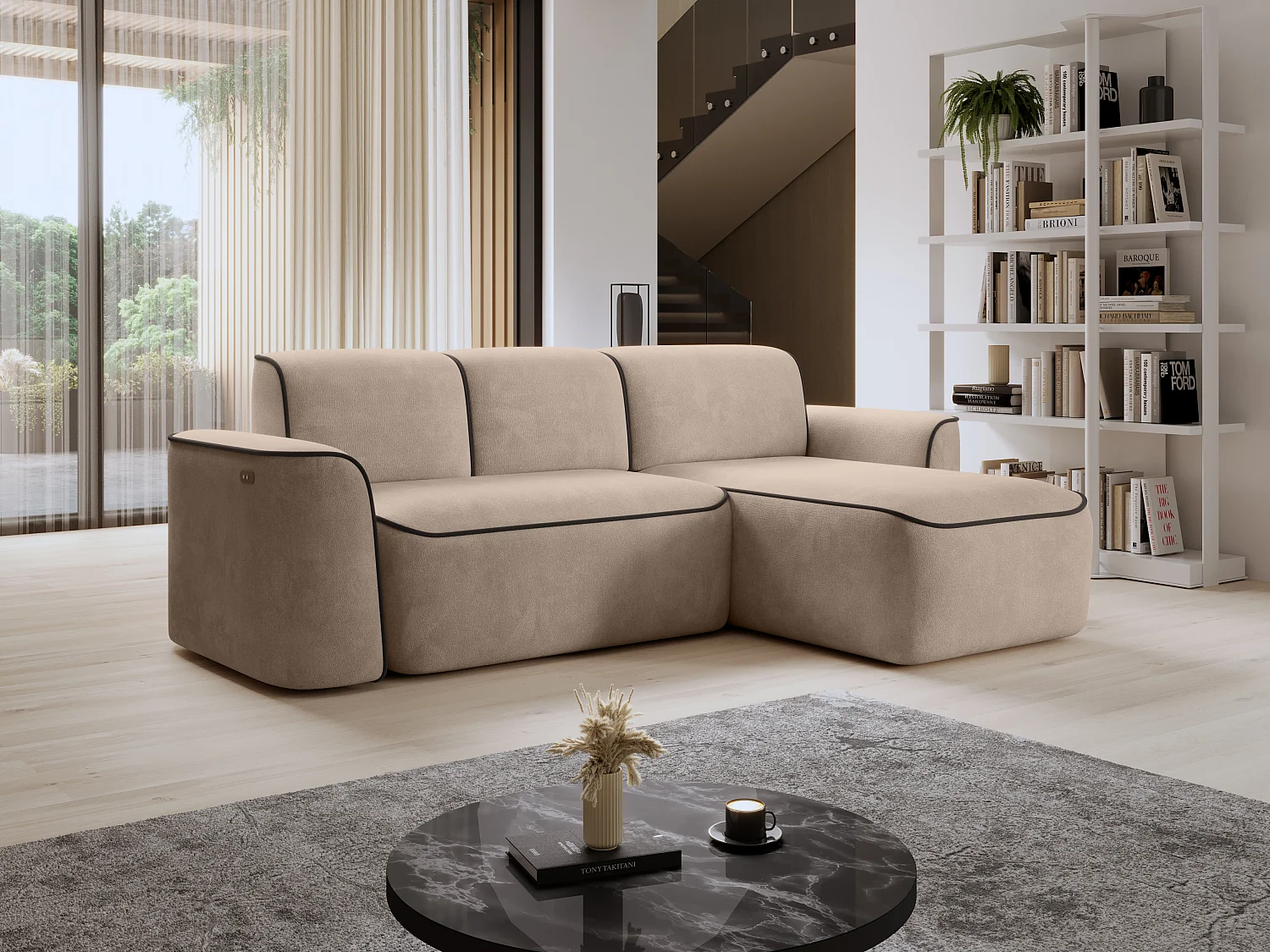 Ecksofa Alexa L/Stoff-Cappuccino&Braun