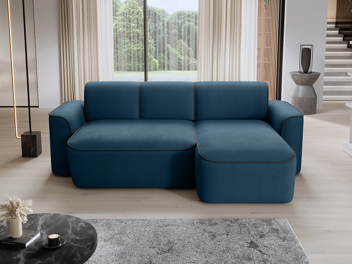 Sofá esquinero eléctrico de tela DUMAS - Innovación en bienestar-Azul oscuro/Gris oscuro-Ángulo izquierdo