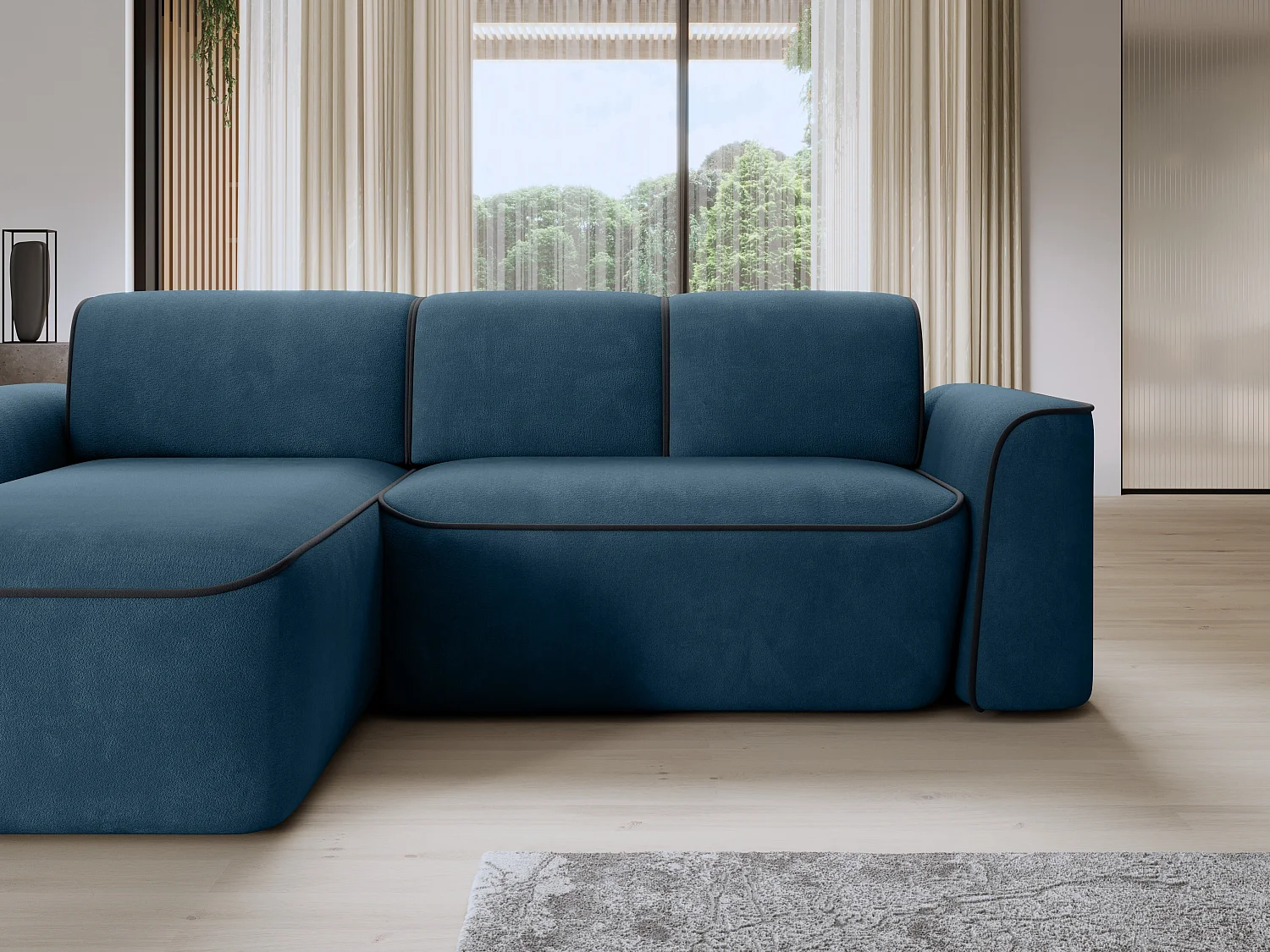 Sofá esquinero eléctrico de tela DUMAS - Innovación en bienestar-Azul oscuro/Gris oscuro-Ángulo izquierdo