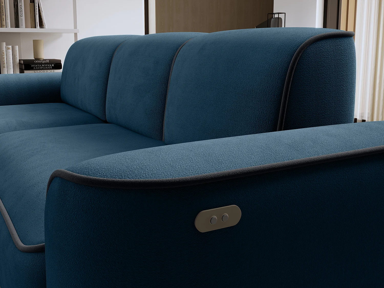 Sofá esquinero eléctrico de tela DUMAS - Innovación en bienestar-Azul oscuro/Gris oscuro-Ángulo izquierdo
