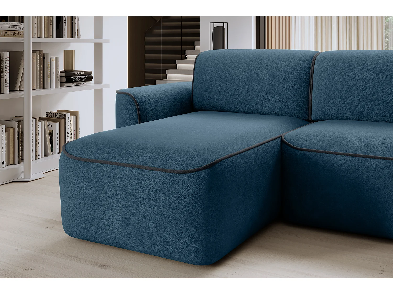 Sofá esquinero eléctrico de tela DUMAS - Innovación en bienestar-Azul oscuro/Gris oscuro-Ángulo izquierdo