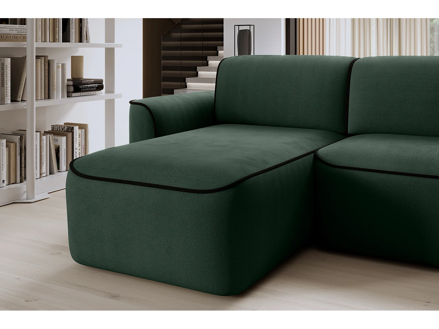 Canapé d'angle relax électrique en tissu DUMAS - Innovation bien-être-Vert foncé/Noir-angle gauche