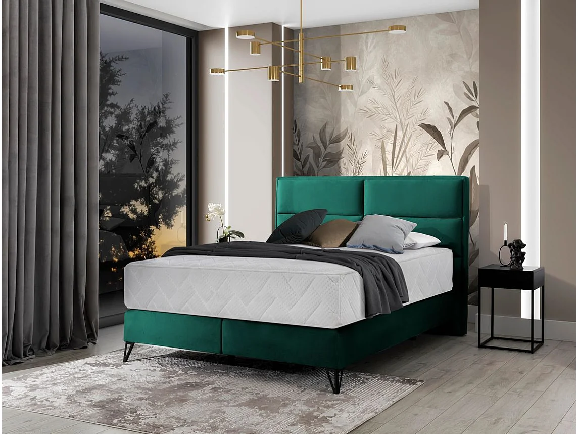 Lit continental tissu vert Tiempo avec matelas 30cm en latex et pied métal noir-140x200