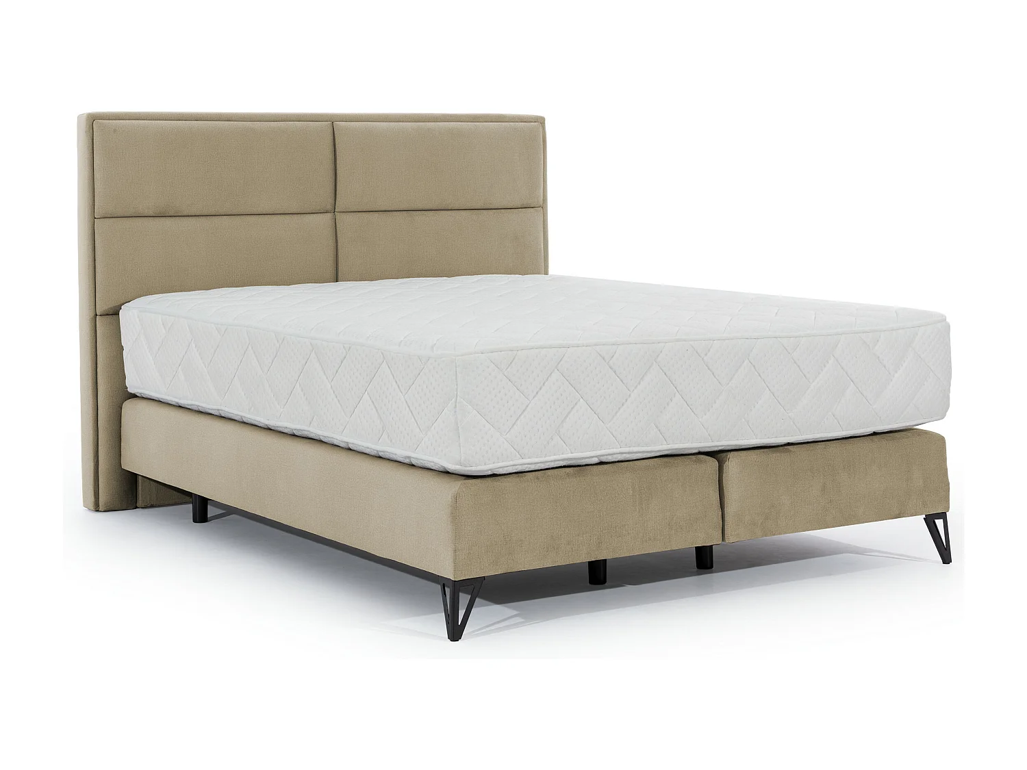 Lit continental tissu beige Tiempo avec matelas 30cm en latex et pied métal noir-140x200